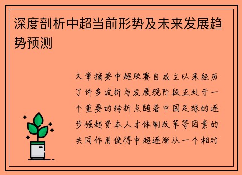 深度剖析中超当前形势及未来发展趋势预测