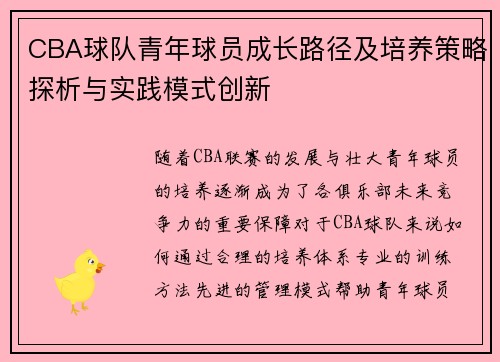 CBA球队青年球员成长路径及培养策略探析与实践模式创新