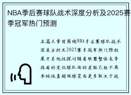 NBA季后赛球队战术深度分析及2025赛季冠军热门预测