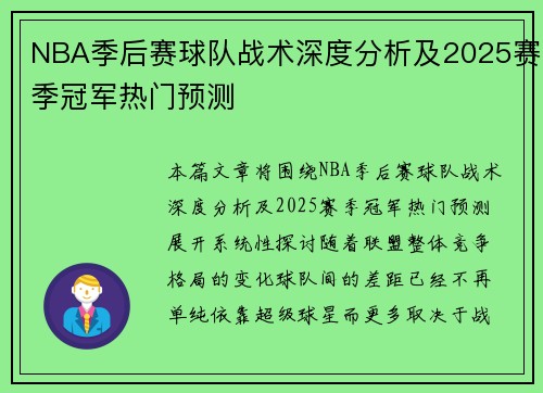 NBA季后赛球队战术深度分析及2025赛季冠军热门预测